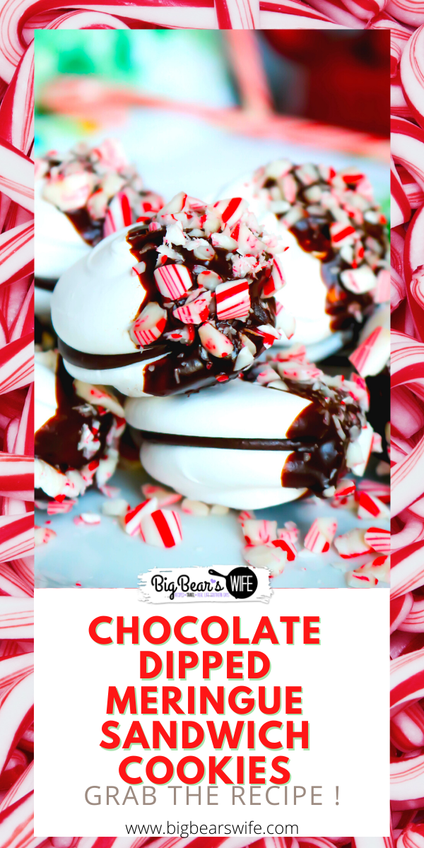 These Chocolate-Dipped Meringue Sandwich Cookies are just right for a holiday gathering and great to give as a homemade gift from the kitchen. Easy meringue sandwich cookies are filled with a chocolate ganache, dipped in chocolate and sprinkled with crushed candy canes for the ideal festive treat! via @bigbearswife