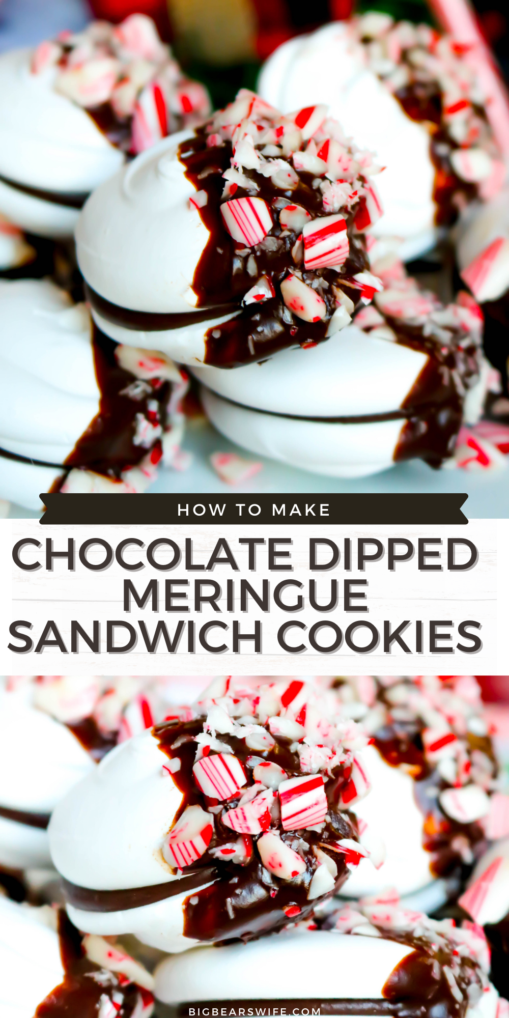 These Chocolate-Dipped Meringue Sandwich Cookies are just right for a holiday gathering and great to give as a homemade gift from the kitchen. Easy meringue sandwich cookies are filled with a chocolate ganache, dipped in chocolate and sprinkled with crushed candy canes for the ideal festive treat! via @bigbearswife