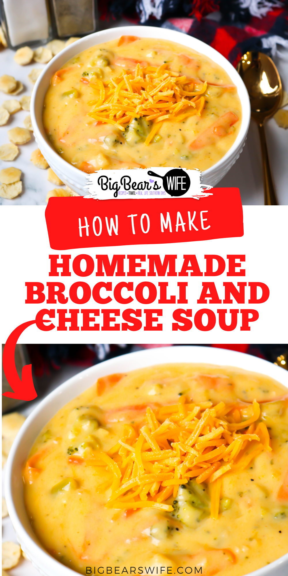 This Homemade Broccoli and Cheese Soup that is packed with broccoli, carrots, garlic and cheese is one of the best broccoli cheese soups I've made at home! It is so easy and so good! via @bigbearswife