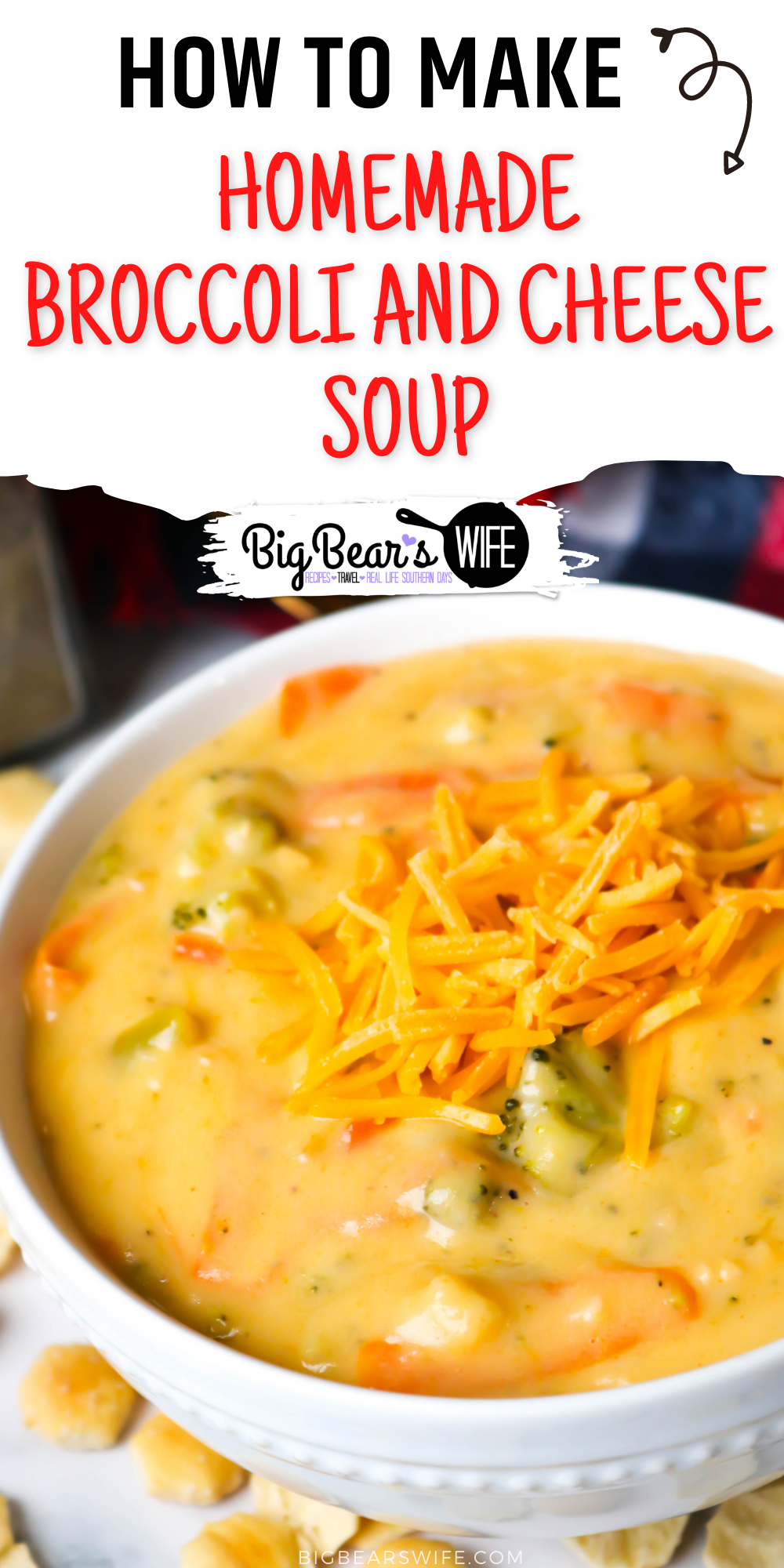 This Homemade Broccoli and Cheese Soup that is packed with broccoli, carrots, garlic and cheese is one of the best broccoli cheese soups I've made at home! It is so easy and so good! via @bigbearswife