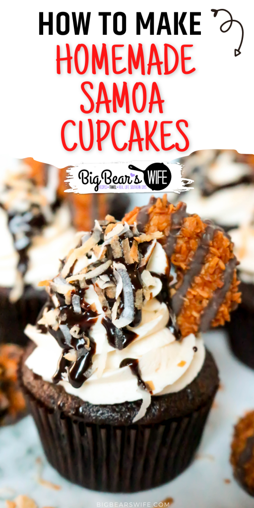 Turn your favorite Samoa cookie Girl Scout cookies into a homemade treat with these Samoa Cupcakes! These chocolate cupcakes have a caramel frosting and are topped with chocolate, toasted coconut and Samoa Cookies!