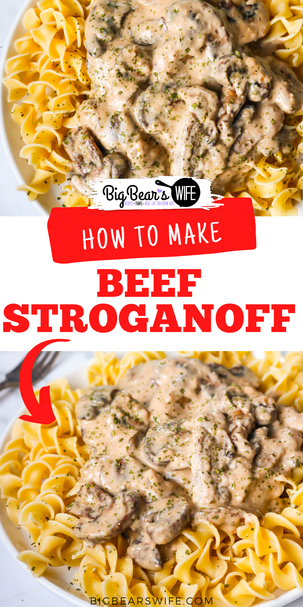 This super easy Beef Stroganoff is cooked with stripes of beef and lots of mushrooms is a delicious, creamy Stroganoff sauce. Perfect when served over egg noodles, rice or mashed potatoes.  via @bigbearswife