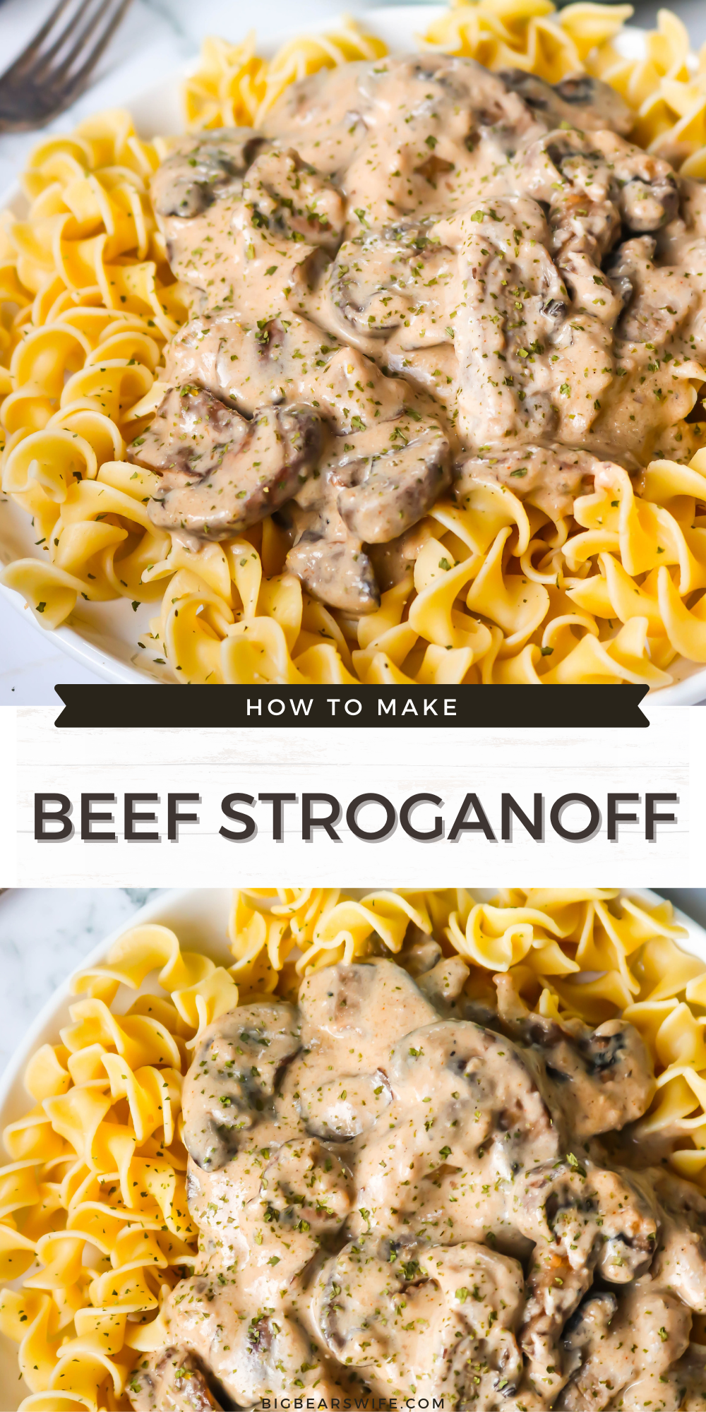 This super easy Beef Stroganoff is cooked with stripes of beef and lots of mushrooms is a delicious, creamy Stroganoff sauce. Perfect when served over egg noodles, rice or mashed potatoes.  via @bigbearswife