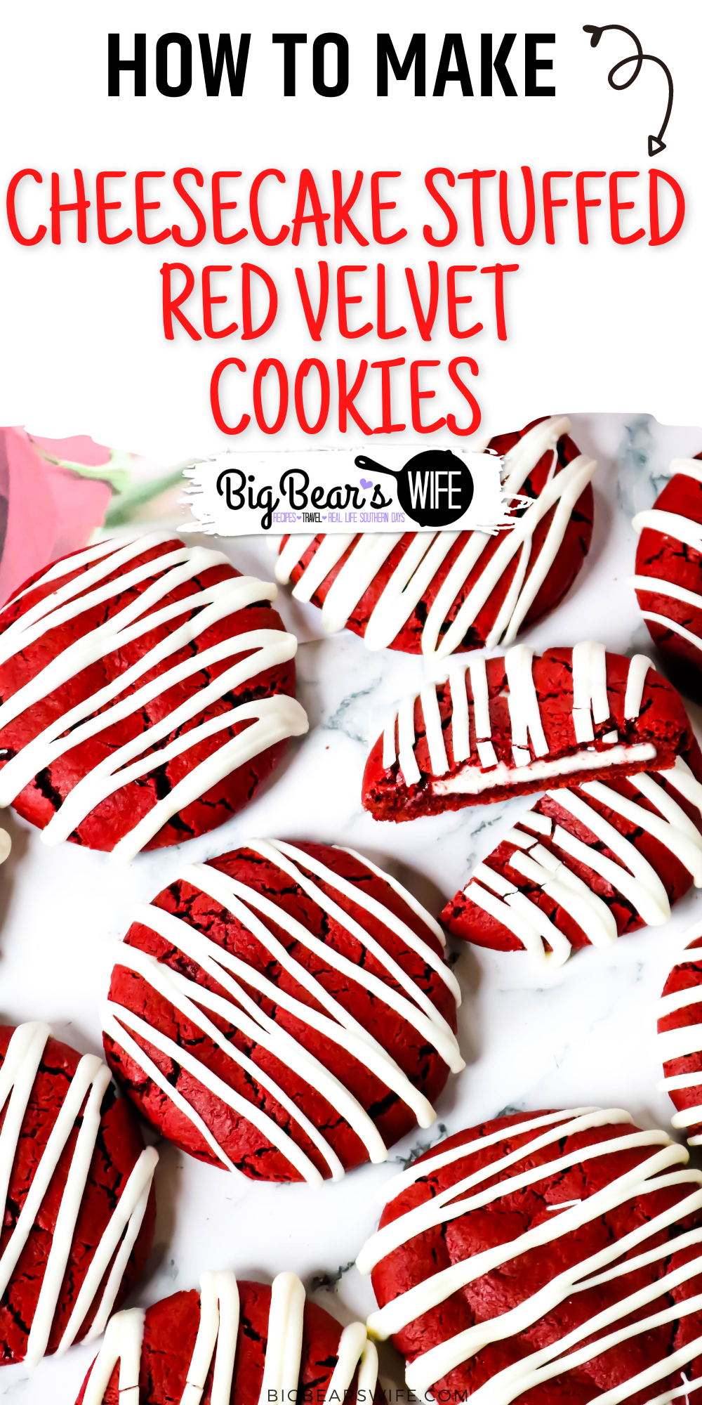 These homemade Cheesecake Stuffed Red Velvet Cookies have a red velvet cake tang and are stuffed with an easy cheesecake filling! Plus they're drizzled with melted white chocolate! via @bigbearswife