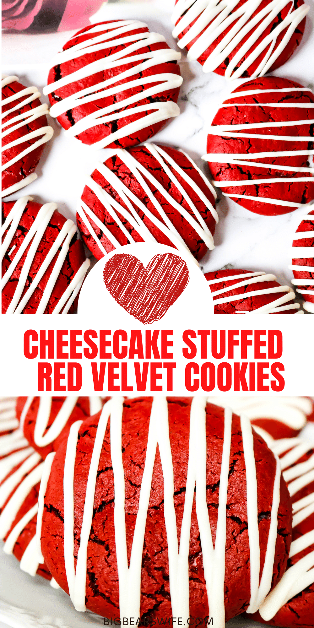 These homemade Cheesecake Stuffed Red Velvet Cookies have a red velvet cake tang and are stuffed with an easy cheesecake filling! Plus they're drizzled with melted white chocolate! via @bigbearswife