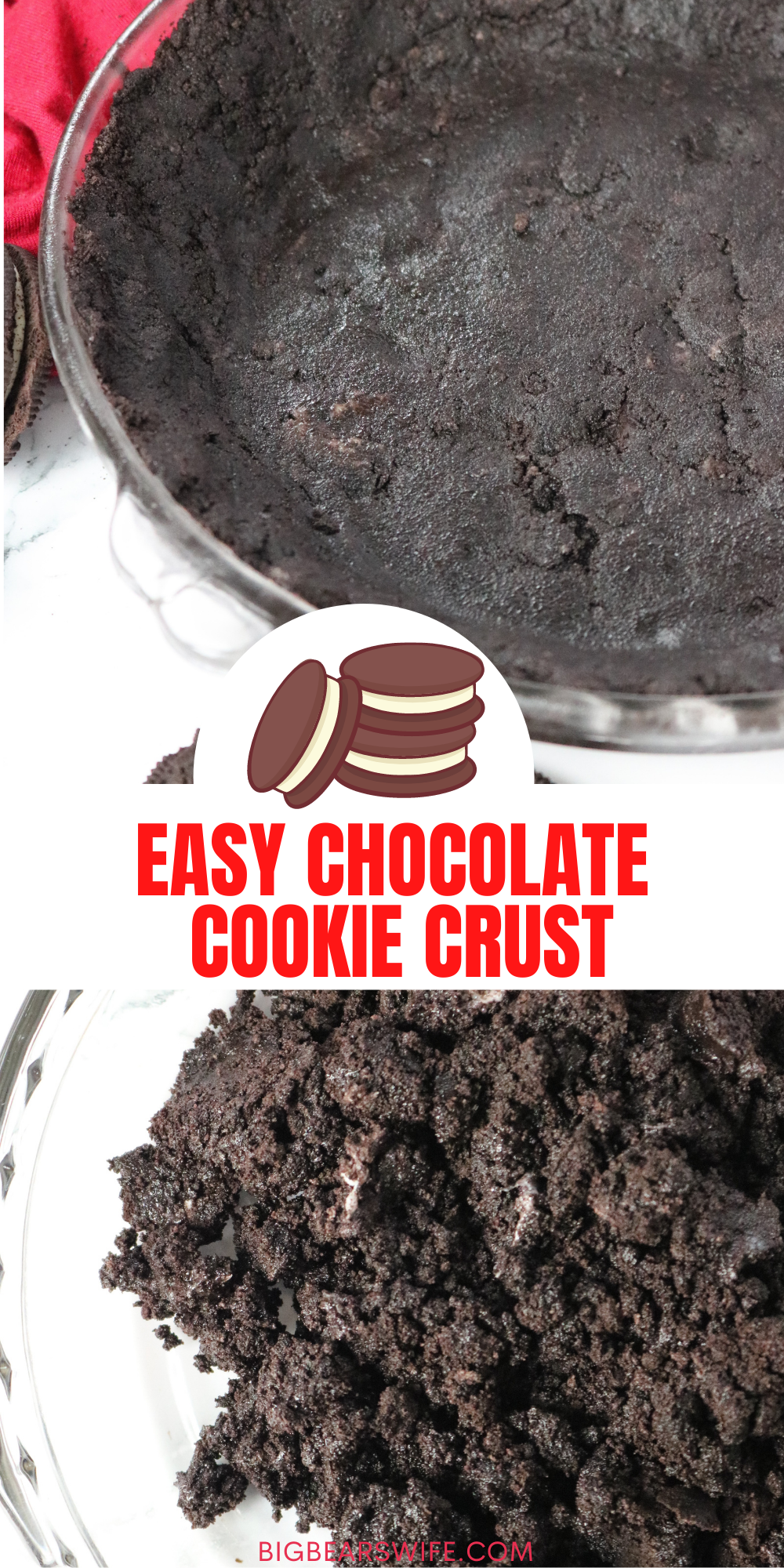 Two ingredients is all it takes to create this Easy Chocolate Cookie Crust at home! Perfect for Bake or No Bake Pie Options! This Oreo cookie crust is so delicious and easy to make! Easy Chocolate Cookie Crust - Bake or No Bake Options via @bigbearswife