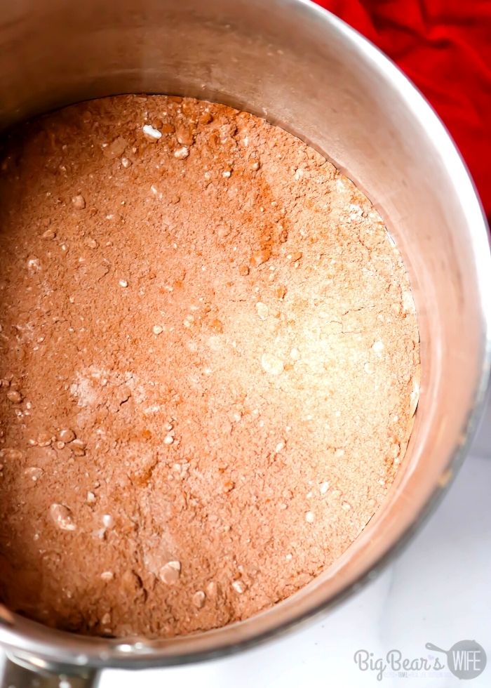 Mix of cocoa powder, sugar and salt in a silver sauce pan