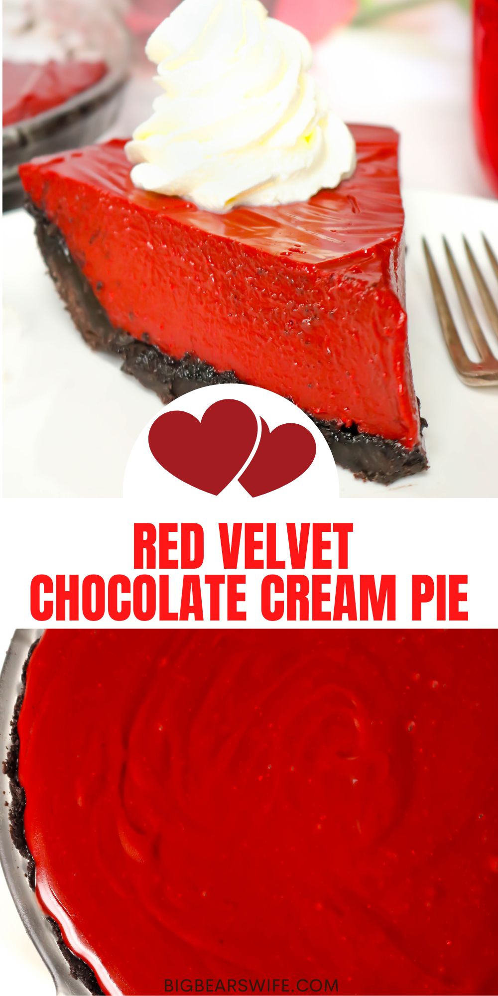 Dive into the classic flavor of red velvet with this homemade Red Velvet Chocolate Cream Pie! This pie has the tangy of red velvet, the silkiness of chocolate pie and a homemade chocolate cookie crust!   via @bigbearswife