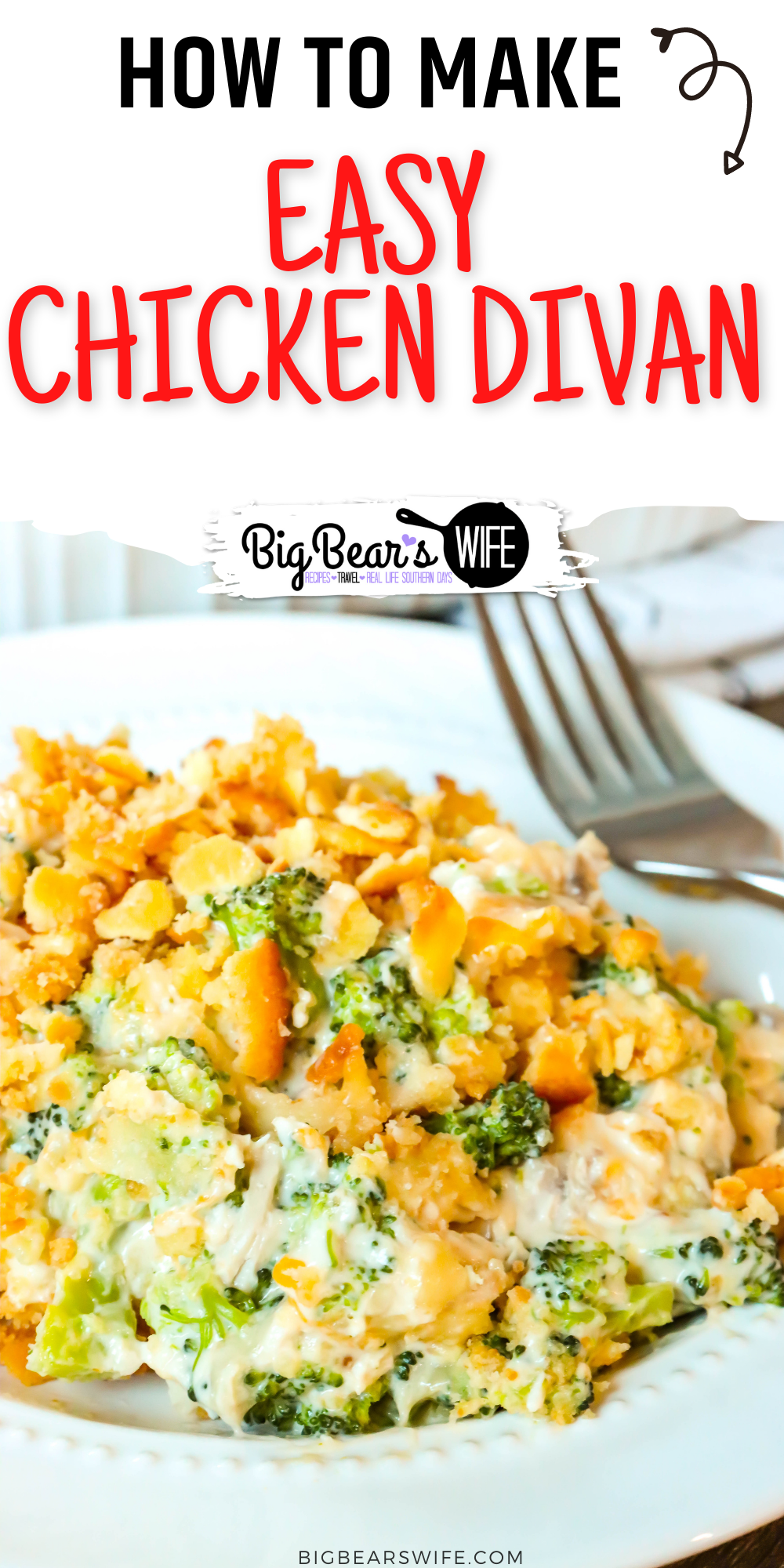This Easy Chicken Divan Recipe is a delicious and creamy casserole that you're going to fall in love with! Broccoli, chicken and a creamy sauce are mixed together in this casserole with 2 types of cheese and topped with butter crackers!  via @bigbearswife