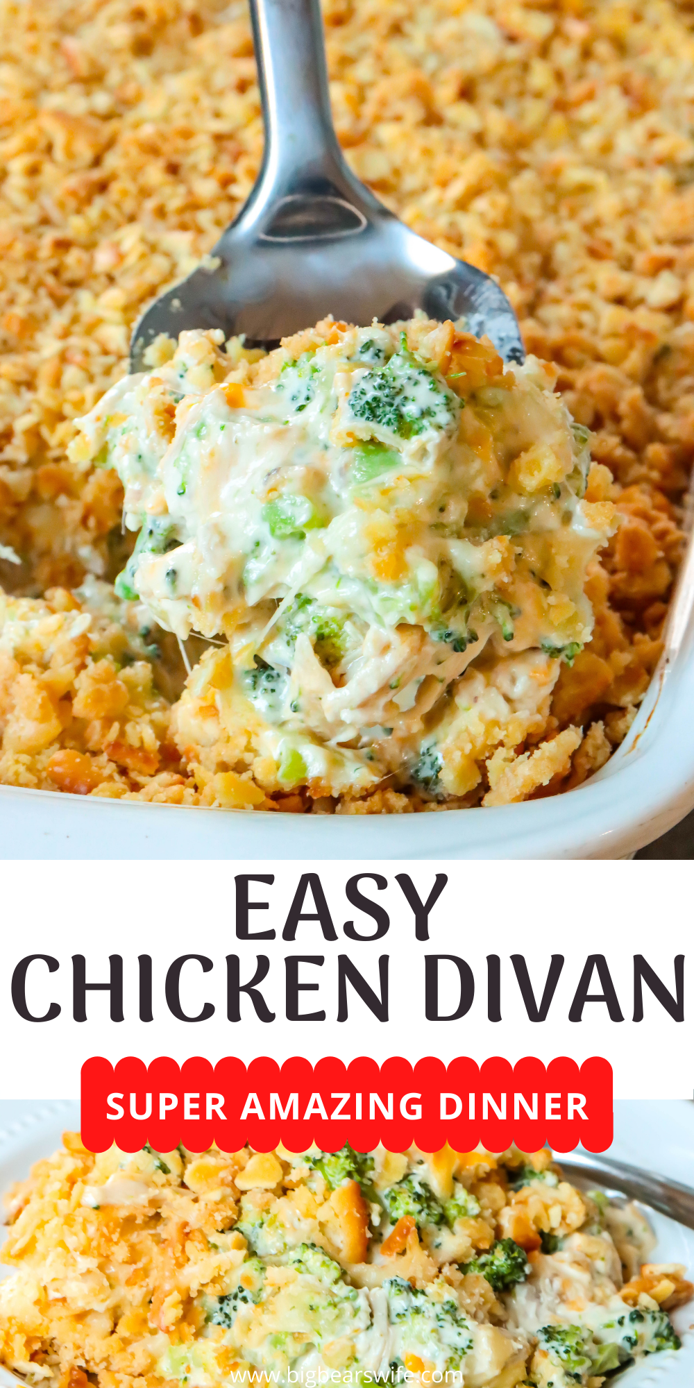 This Easy Chicken Divan Recipe is a delicious and creamy casserole that you're going to fall in love with! Broccoli, chicken and a creamy sauce are mixed together in this casserole with 2 types of cheese and topped with butter crackers!  via @bigbearswife