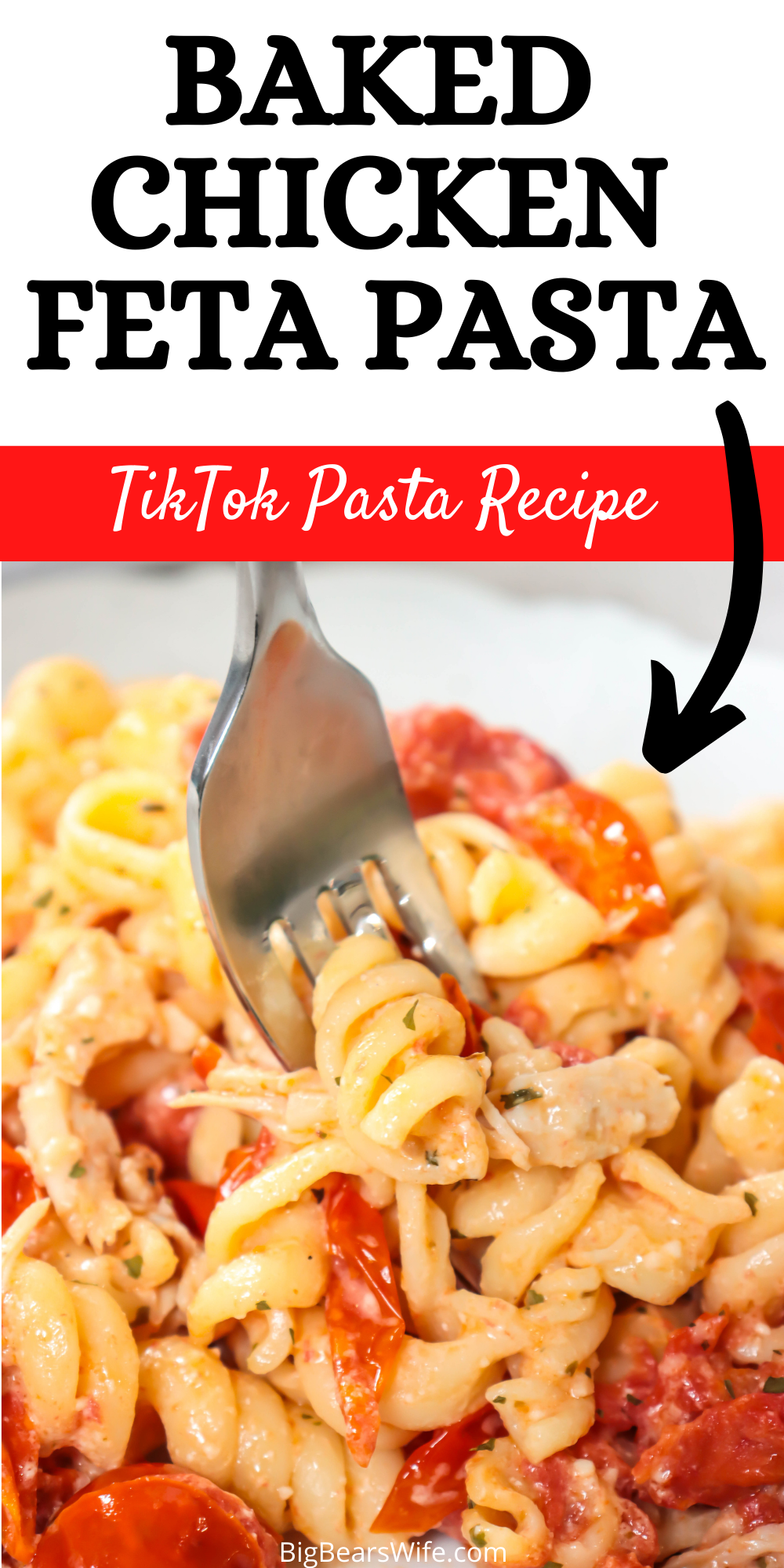 A little chicken twist on the TikTok famous Chicken Feta Pasta is what we're servings up today! This  Baked Chicken Feta Pasta is delicious and hardly takes any work in the kitchen to toss together!  via @bigbearswife