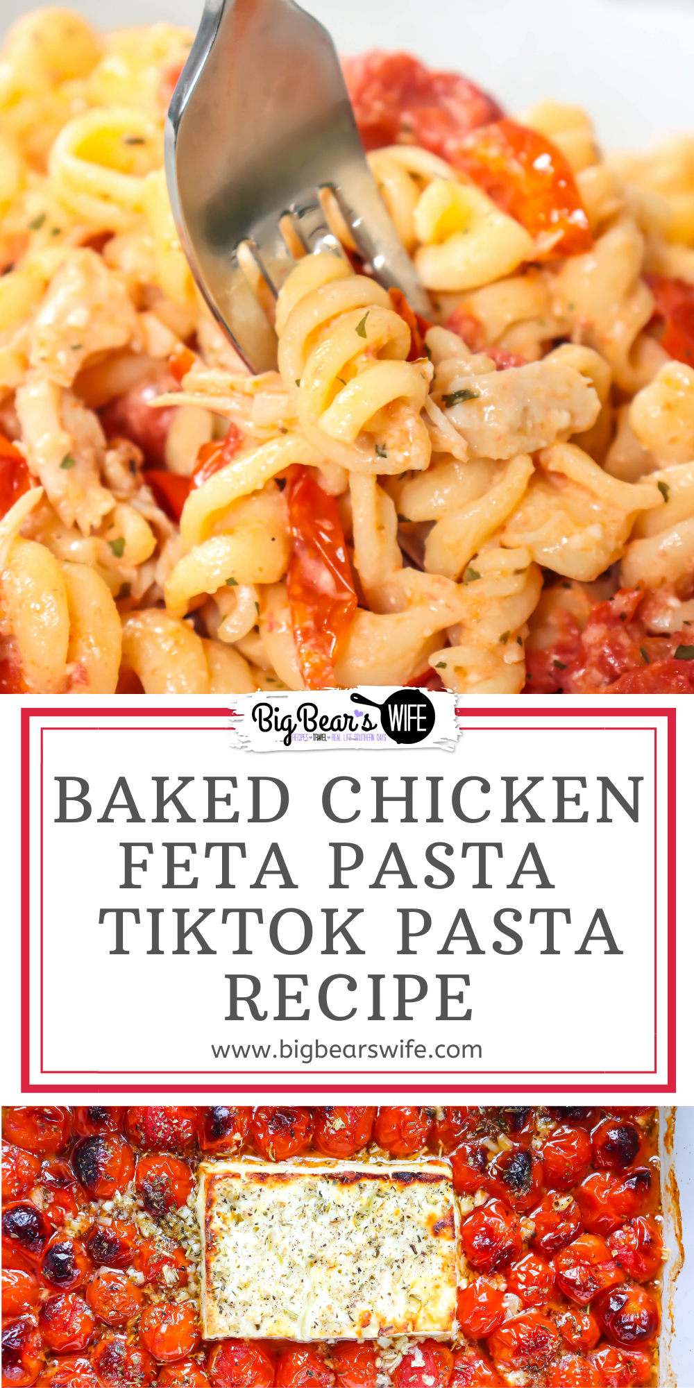 A little chicken twist on the TikTok famous Chicken Feta Pasta is what we're servings up today! This  Baked Chicken Feta Pasta is delicious and hardly takes any work in the kitchen to toss together!  via @bigbearswife