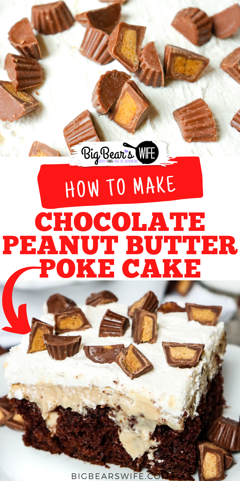 This Chocolate Peanut Butter Poke Cake is a rich homemade chocolate cake topped with homemade peanut butter pudding, Crème Chantilly and chopped peanut butter cups makes the perfect treat! Peanut Butter and Chocolate lovers will go crazy over this fun cake!  via @bigbearswife