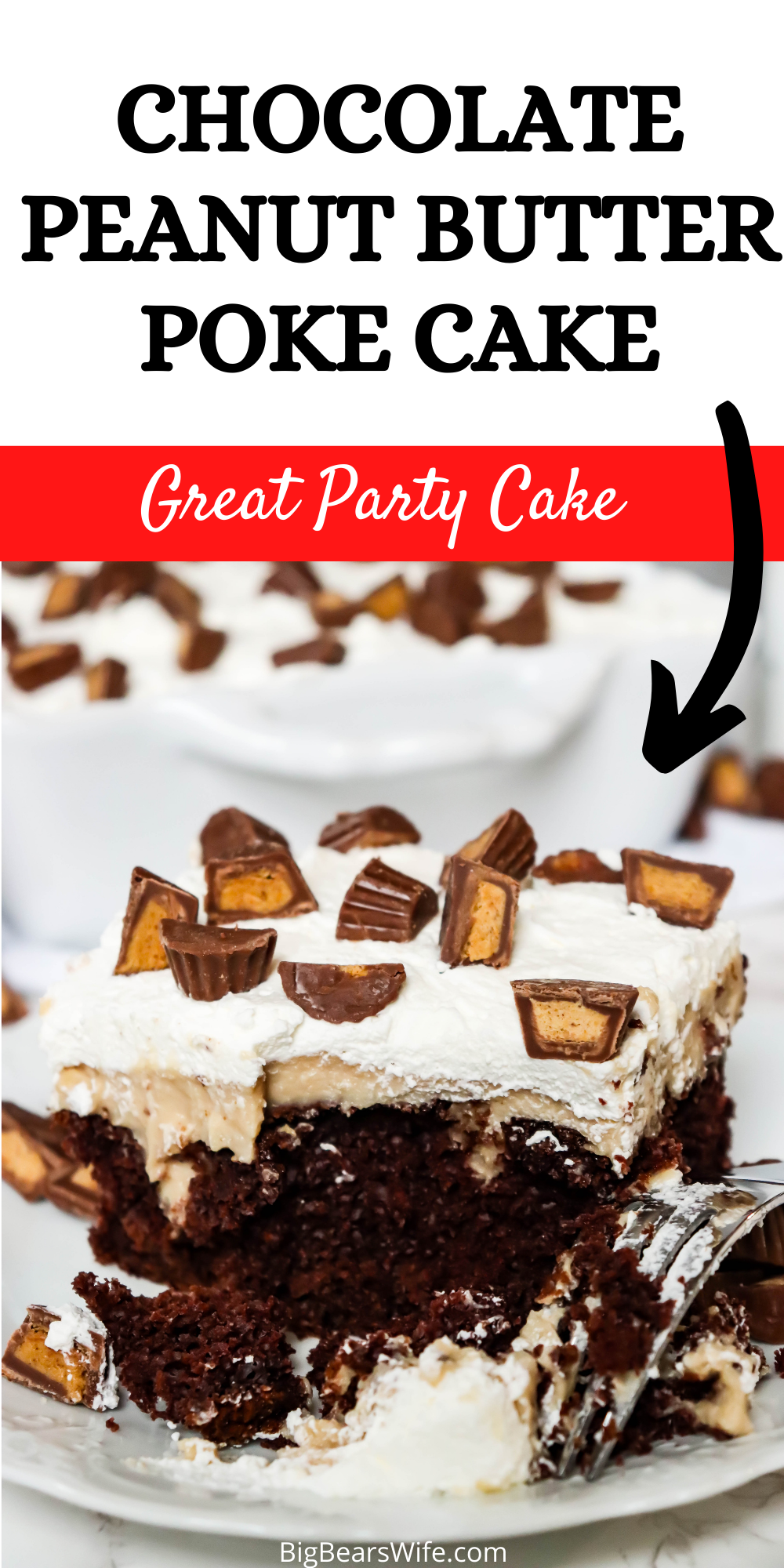 This Chocolate Peanut Butter Poke Cake is a rich homemade chocolate cake topped with homemade peanut butter pudding, Crème Chantilly and chopped peanut butter cups makes the perfect treat! Peanut Butter and Chocolate lovers will go crazy over this fun cake!  via @bigbearswife