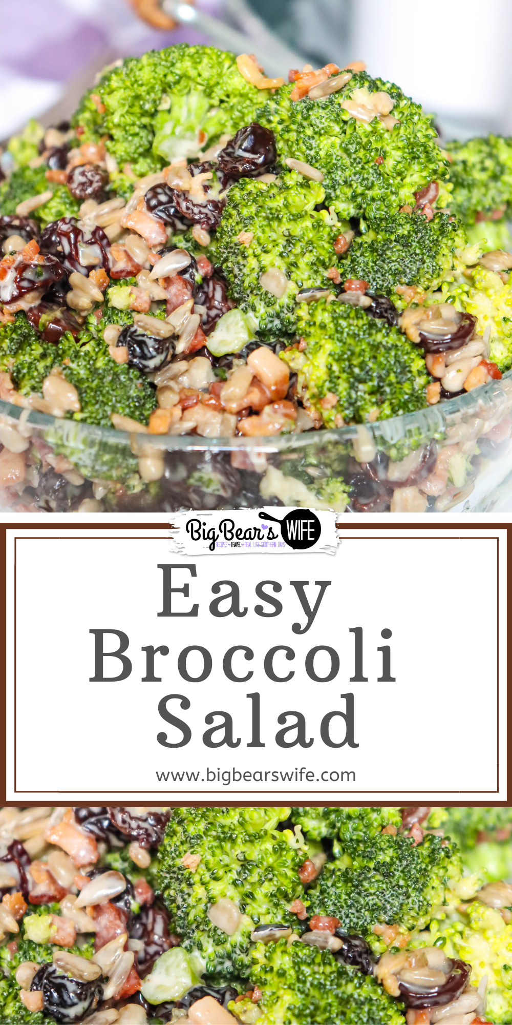 A perfectly Easy Broccoli Salad that's perfect as a side dish, great for picnics and perfect for cookouts! This make-ahead side dish is mixtures of  fresh broccoli, sunflower seeds, raisins and bacon bits that has been tossed in a sweet southern dressing and chilled!  via @bigbearswife
