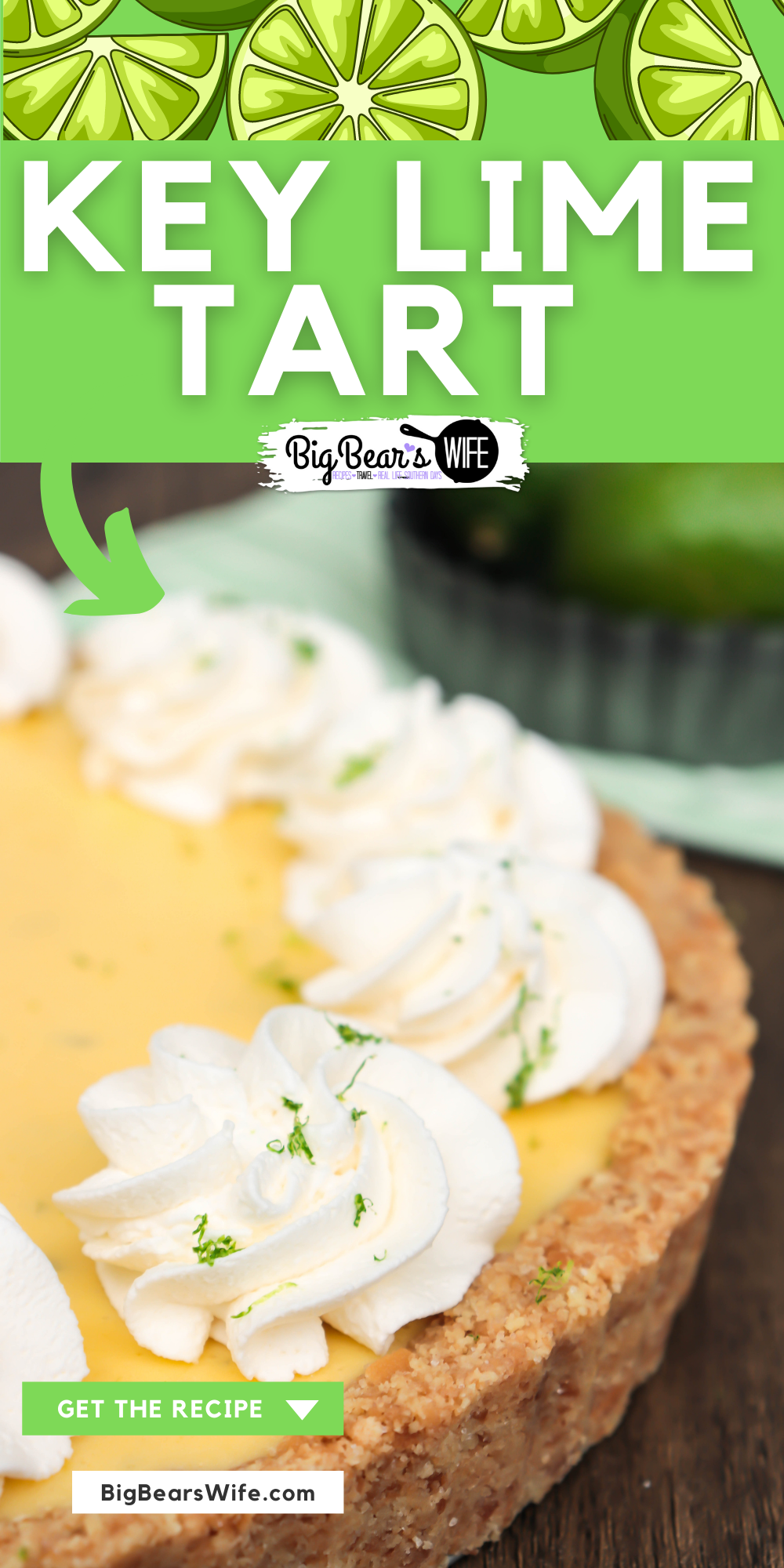 This easy Key Lime Tart has a sweet vanilla wafer crust, a tart key lime filling and it's topped with swirls of whipped cream and sprinkled with lime zest! This dessert is light and perfect for spring! via @bigbearswife