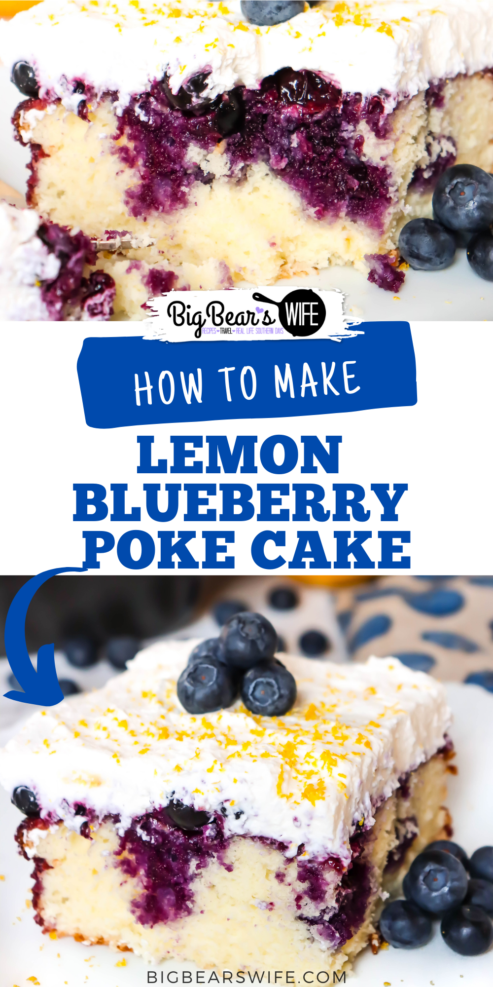 Lemon Blueberry Poke Cake - Welcome spring with this light and fresh lemon poke cake that is topped with a homemade fresh blueberry sauce and lemon crème chantilly!  via @bigbearswife