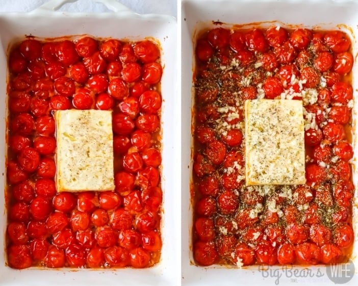 Roasted Cherry Tomatoes with block of feta cheesein white casserole dish on left - same on right but with with garlic and Italian seaosning added