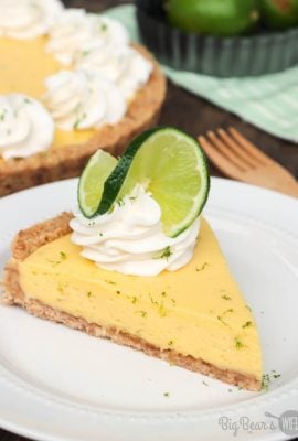 Slice of KEY LIME TART with whipped cream topping and lime zest on white plate (1)