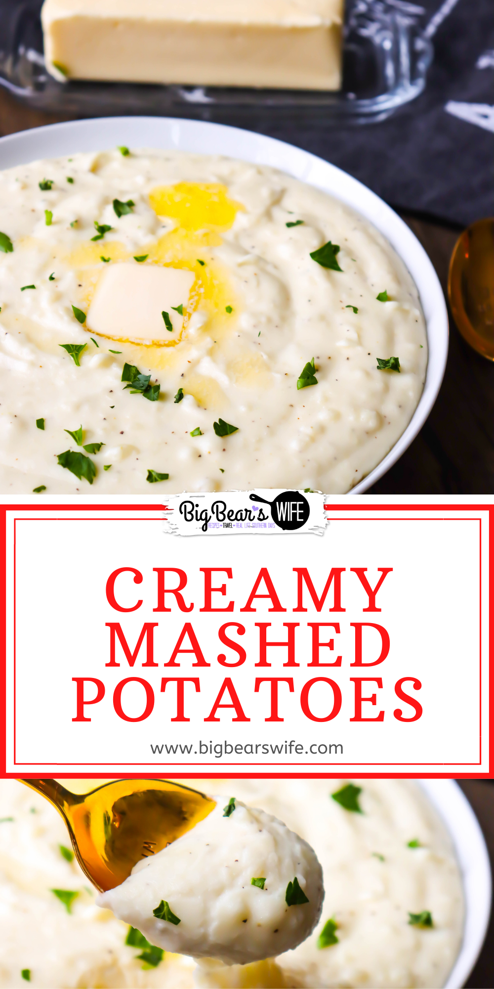 These Creamy Mashed Potatoes are smooth and flavorful! These mashed potatoes are perfect for dinner, BBQs and holidays!  via @bigbearswife