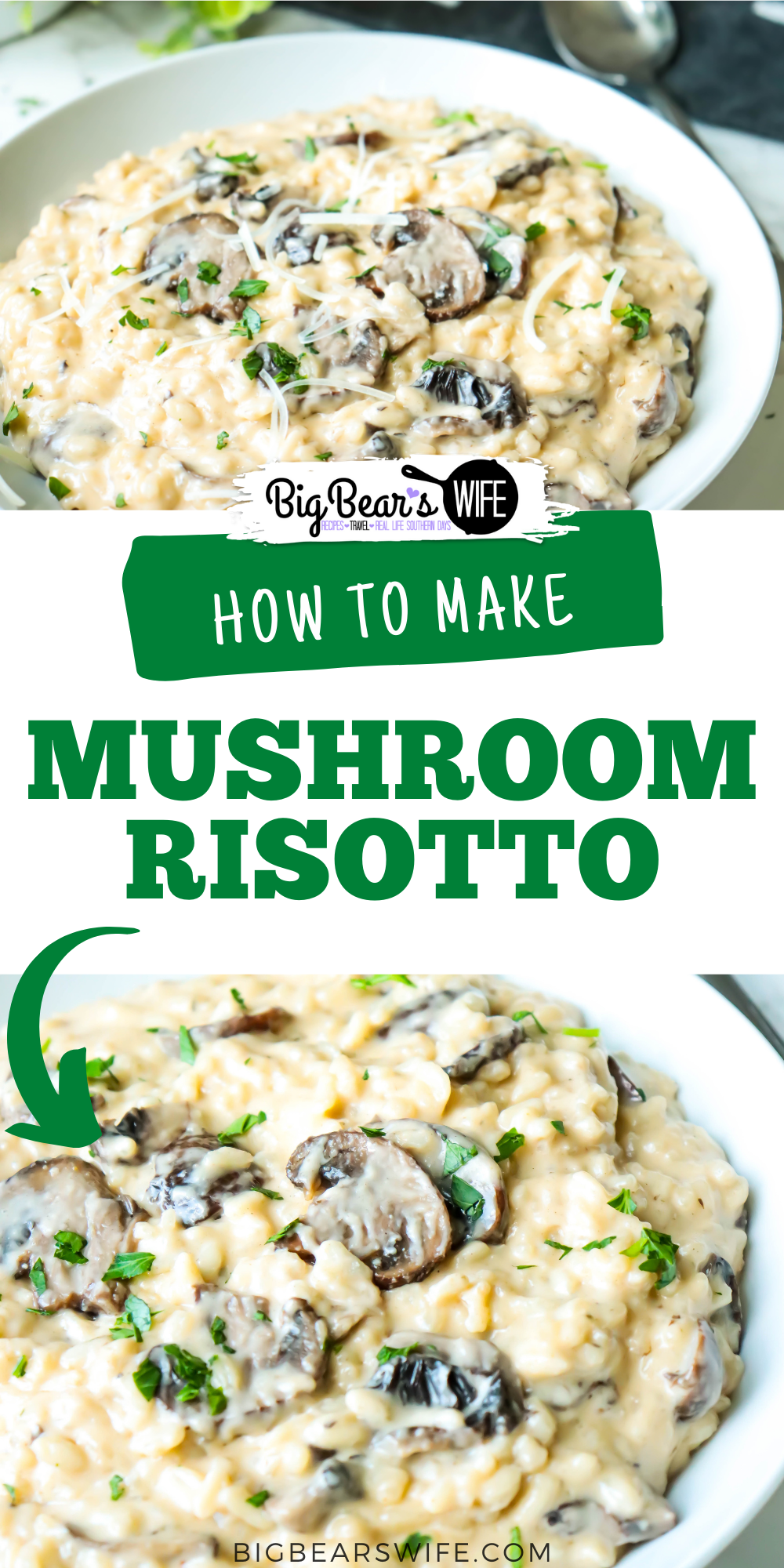 This homemade Mushroom Risotto is creamy, dreamy risotto perfection! Arborio rice, a flavorful stock, mushrooms and parmesan cheese with a bit of cream! via @bigbearswife