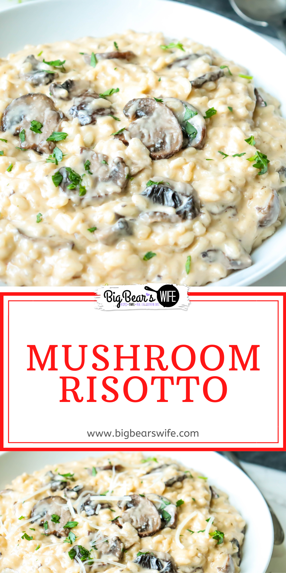 This homemade Mushroom Risotto is creamy, dreamy risotto perfection! Arborio rice, a flavorful stock, mushrooms and parmesan cheese with a bit of cream! via @bigbearswife