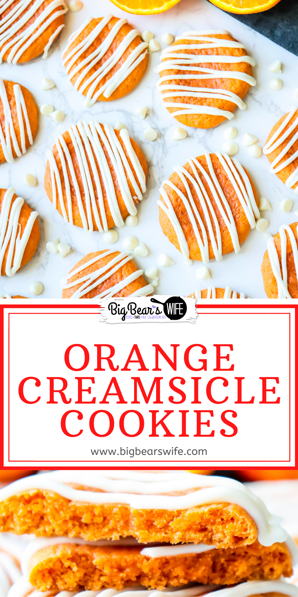 These Orange Creamsicle Cookies are the perfect combination of vanilla and orange! They’re soft, smell just like Orange Creamsicle ice cream and are topped with a white chocolate drizzle! via @bigbearswife