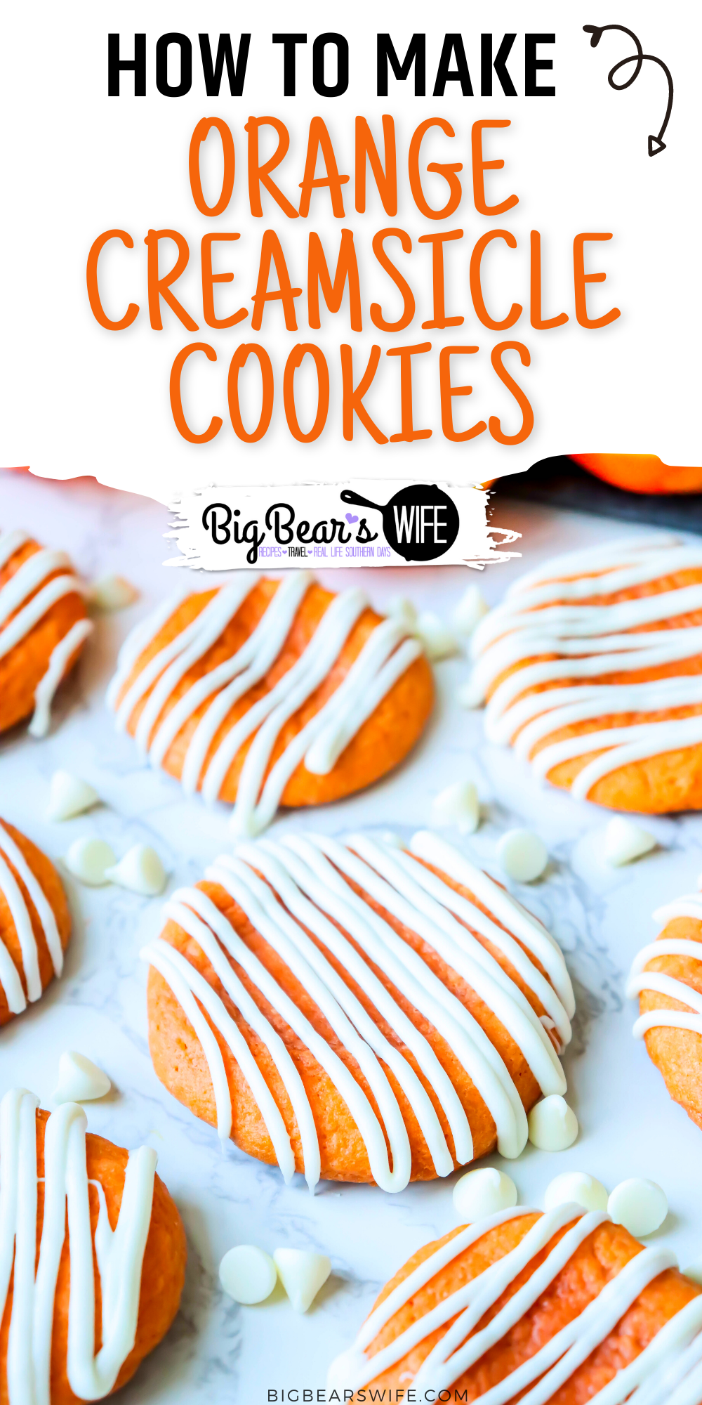 These Orange Creamsicle Cookies are the perfect combination of vanilla and orange! They’re soft, smell just like Orange Creamsicle ice cream and are topped with a white chocolate drizzle! via @bigbearswife