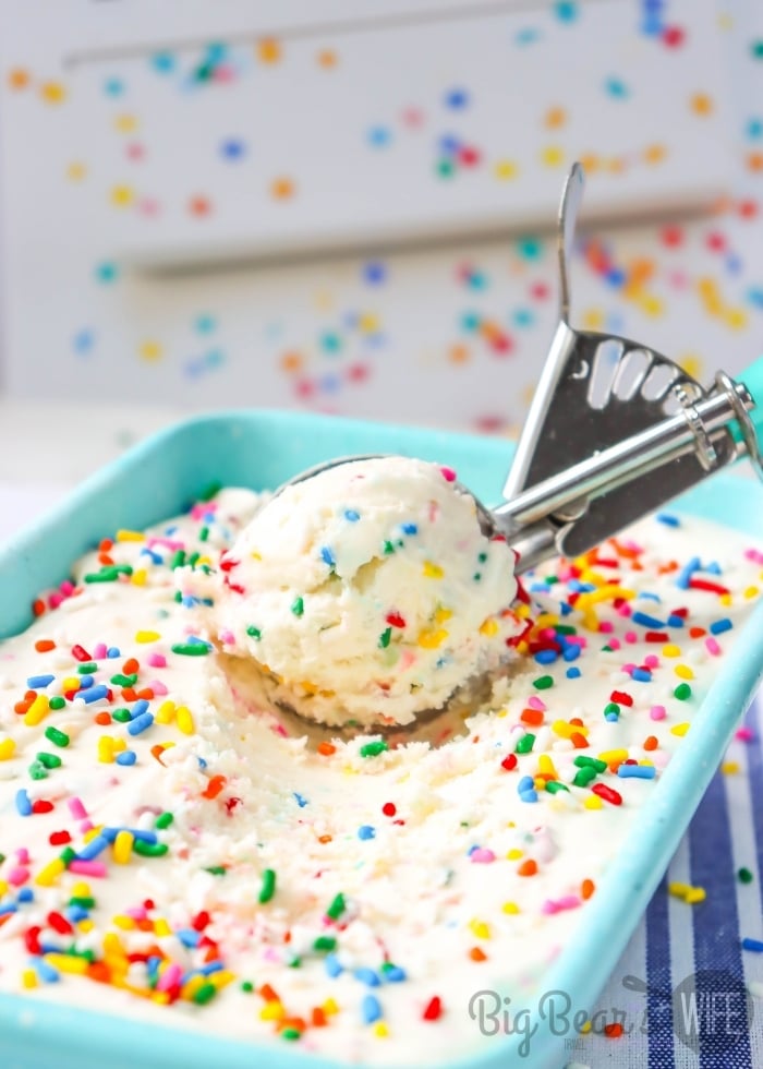 Scooping BIRTHDAY CAKE ICE CREAM in blue loaf tin with rainbow sprinkles