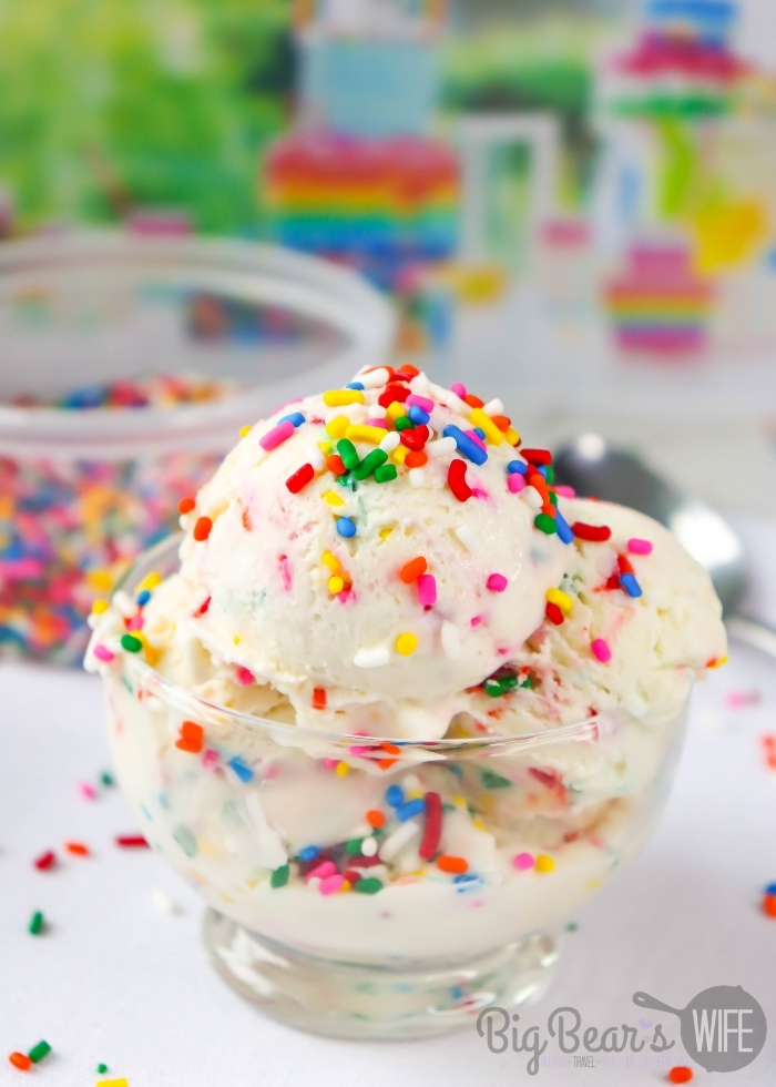 BIRTHDAY CAKE ICE CREAM in clear bowl with sprinkles