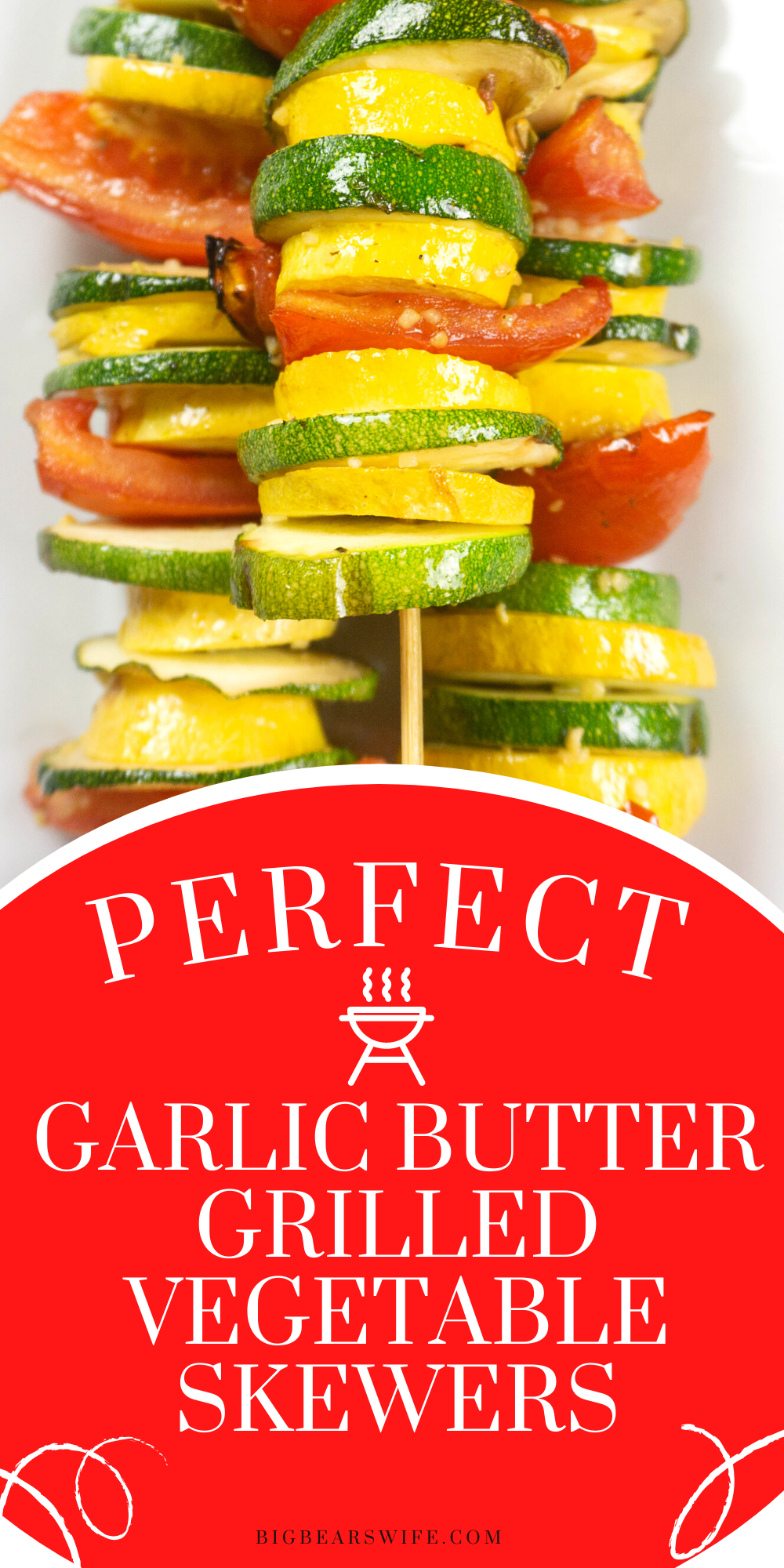 These simple Garlic Butter Grilled Vegetable Skewers are perfect for using up summer vegetables from the garden and for serving with chicken, steak, pork or seafood! via @bigbearswife