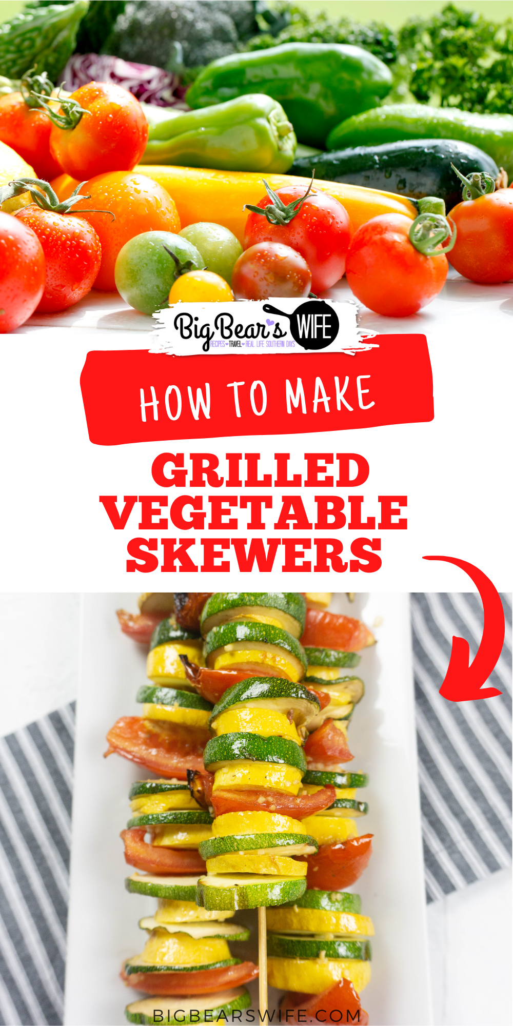 These simple Garlic Butter Grilled Vegetable Skewers are perfect for using up summer vegetables from the garden and for serving with chicken, steak, pork or seafood! via @bigbearswife