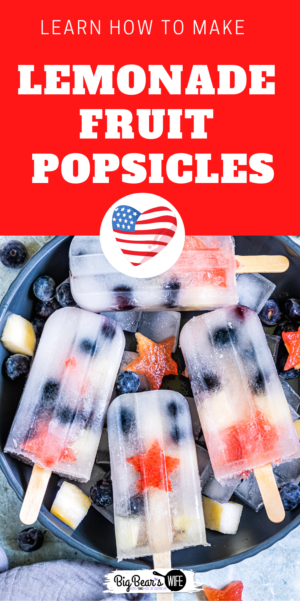 These Lemonade Fruit Popsicles are homemade Fruit Ice Pops that perfect for cooling off on a hot summer day and they're super fun to make with lemonade and whatever fruit you have around the house.  via @bigbearswife