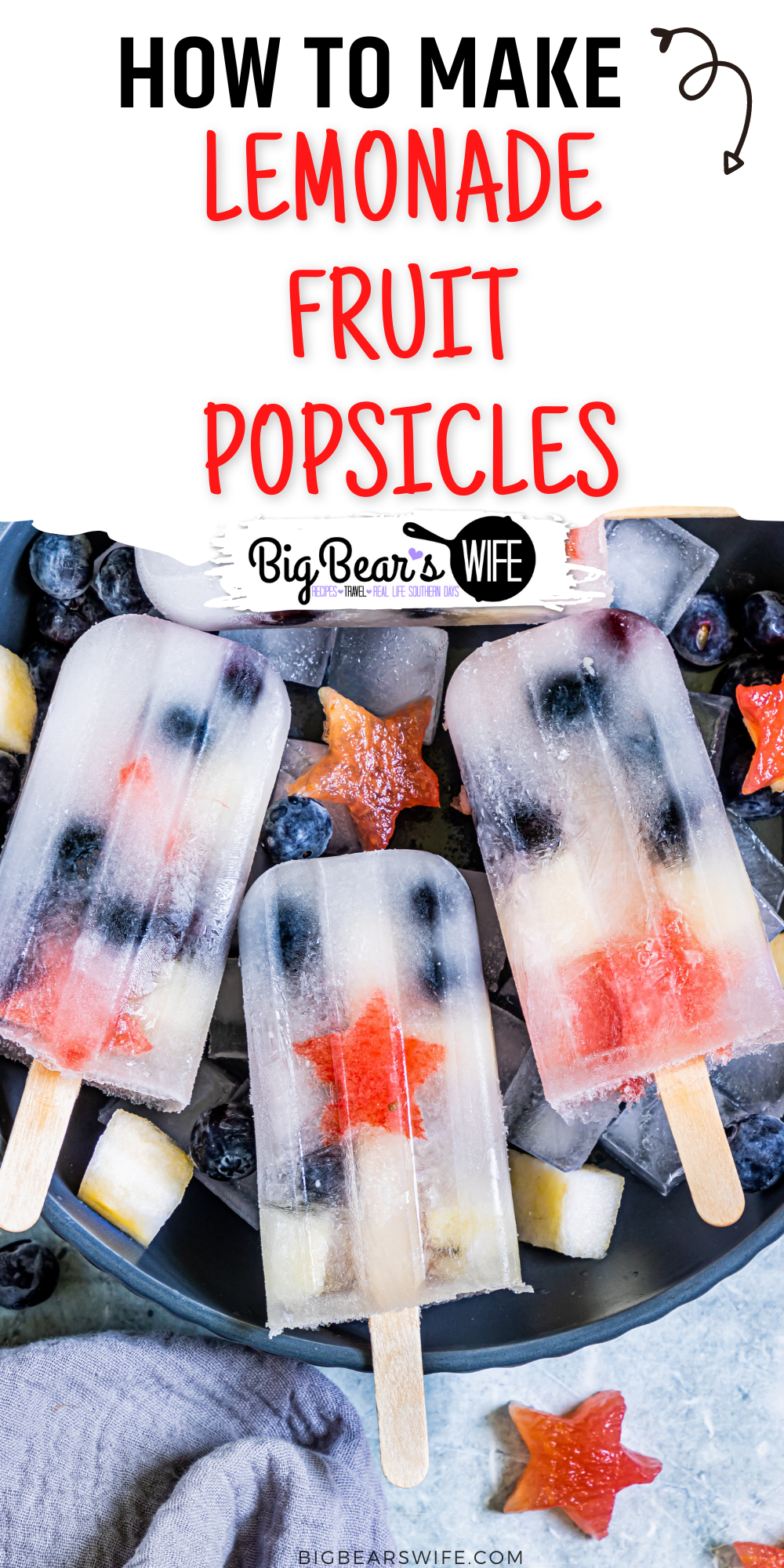 These Lemonade Fruit Popsicles are homemade Fruit Ice Pops that perfect for cooling off on a hot summer day and they're super fun to make with lemonade and whatever fruit you have around the house.  via @bigbearswife