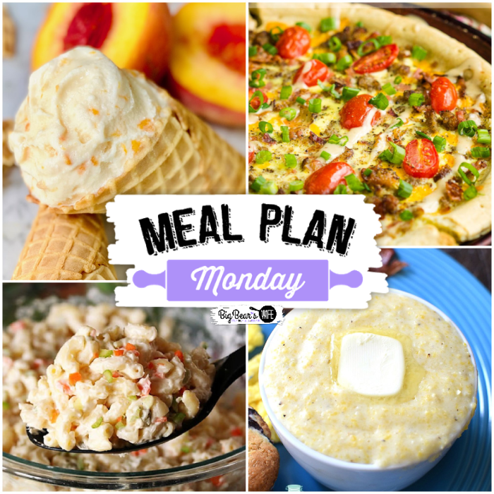 Welcome to this week’s Meal Plan Monday! This week we are featuring Homemade Peach Ice Cream, Copycat KFC Macaroni Salad, Breakfast Pizza and Southern Style Creamy Grits.