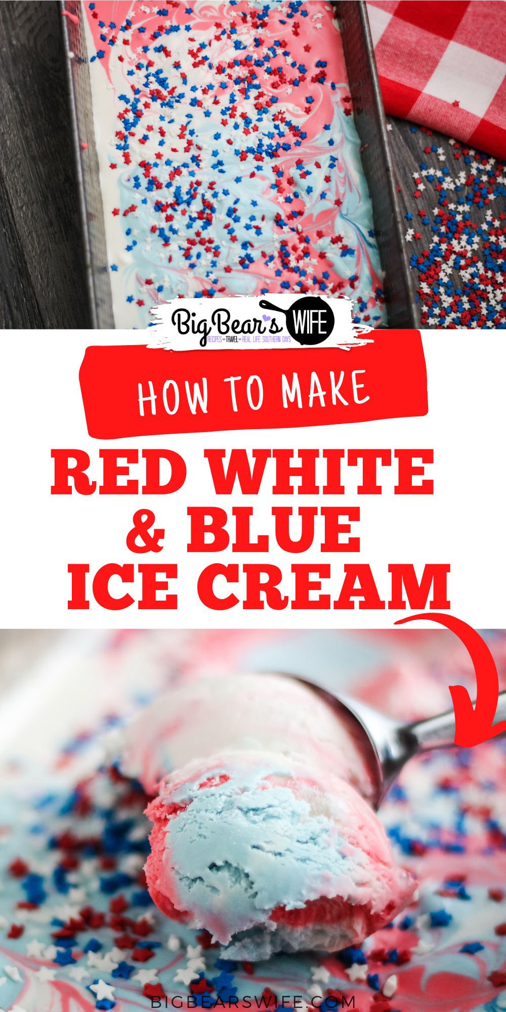 This Easy No Churn Red White and Blue Tie Dye Ice Cream is perfect for Memorial Day Weekend, The 4th of July or Veterans Day! You'll love how simple it is to make and you DON'T need an ice cream making for this recipe!  via @bigbearswife
