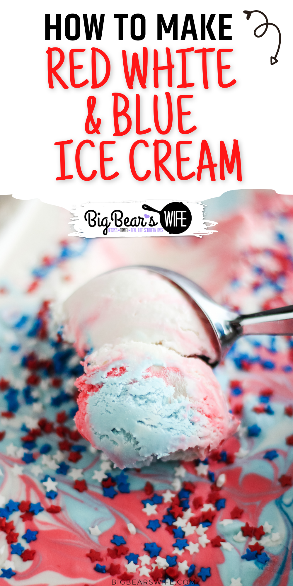 This Easy No Churn Red White and Blue Tie Dye Ice Cream is perfect for Memorial Day Weekend, The 4th of July or Veterans Day! You'll love how simple it is to make and you DON'T need an ice cream making for this recipe!  via @bigbearswife