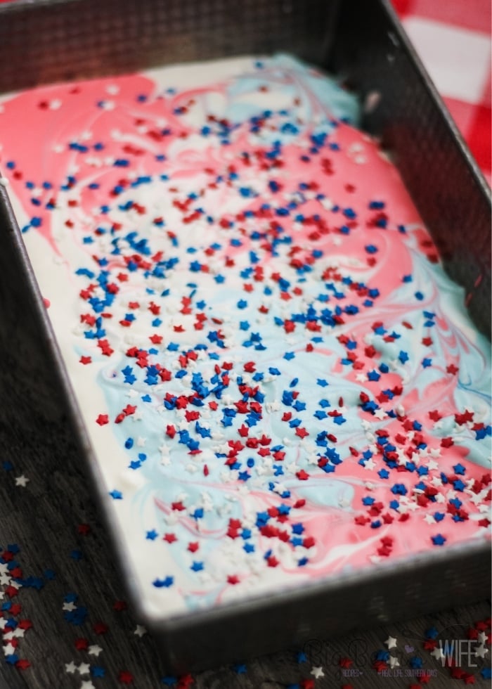Red White and Blue Tie Dye Ice Cream in a loaf pan with sprinkles