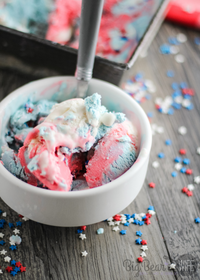 Scoops of Red White and Blue Tie Dye Ice Cream in a white bowl