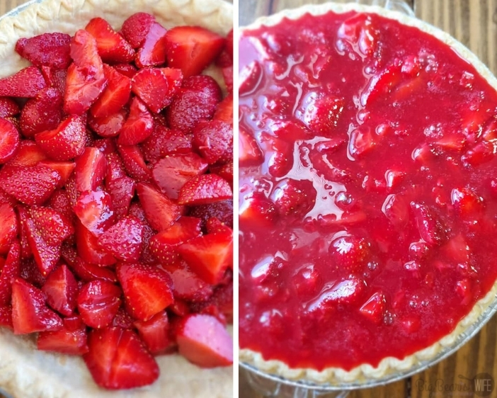 Strawberries in a pie shell on left and with jello mixture added on right