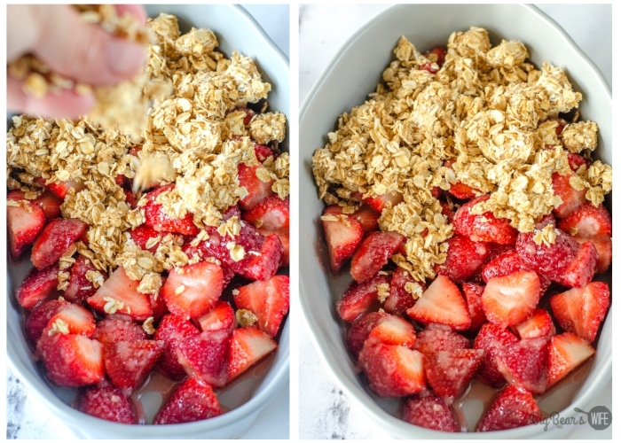 layering topping onto sliced strawberries in white baking dish