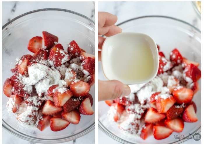 Adding cornstarch and lemon juice to sliced strawberries in a glass bowl