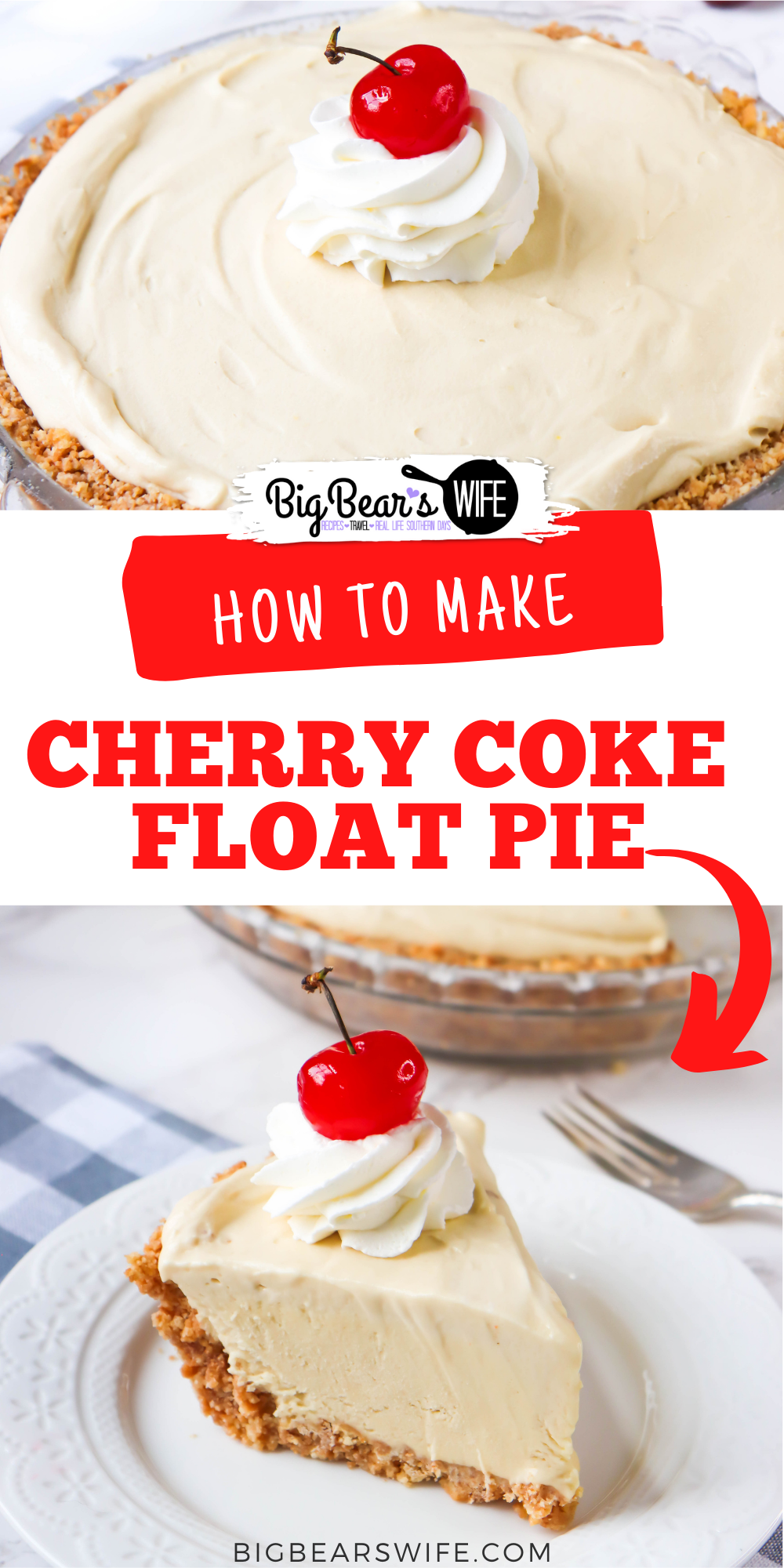If you love ice cream floats then you're going to want to grab this recipe for homemade Cherry Coke Float Pie! This frozen desserts lets you slice up your favorite ice cream float for the perfect summer dessert!  via @bigbearswife
