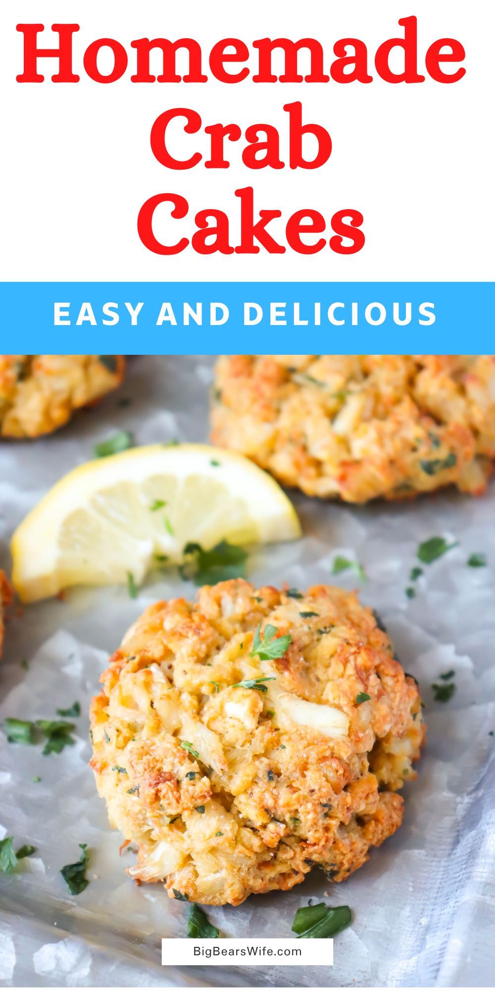 These easy to make Homemade Crab Cakes are made with real crab meat, Old Bay Seasoning and mayo with a few other ingredients tossed in! These Crab cakes have more crab and less filler than other crab cakes! via @bigbearswife