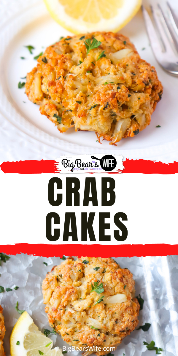These easy to make Homemade Crab Cakes are made with real crab meat, Old Bay Seasoning and mayo with a few other ingredients tossed in! These Crab cakes have more crab and less filler than other crab cakes! via @bigbearswife