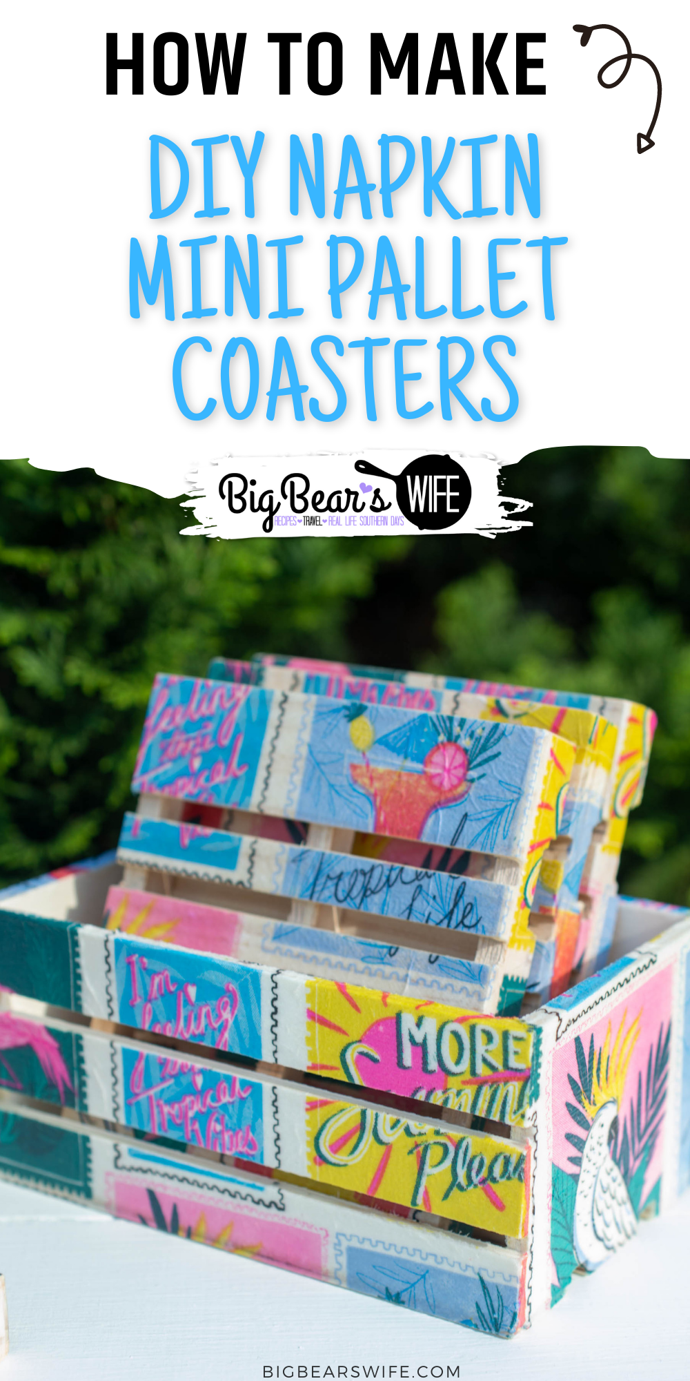 These adorable Dollar Tree Tropical DIY Napkin Mini Pallet Coasters are perfect for summer and super cute for the patio or beside the pool! They’re made using napkins, mod podge and mini wooden pallets from Dollar Tree! This step by step photo tutorial will show you exactly how to make Napkin Mini Pallet Coasters

 via @bigbearswife