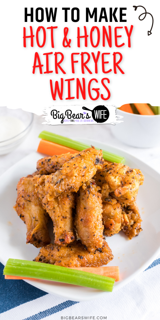 Chicken wings and air fryers are the perfect combination! These Hot Honey Air Fryer Wings cook up in about 30 minutes and are coated in a homemade hot honey sauce! Perfect for lunch, dinner or as an appetizer for game day!