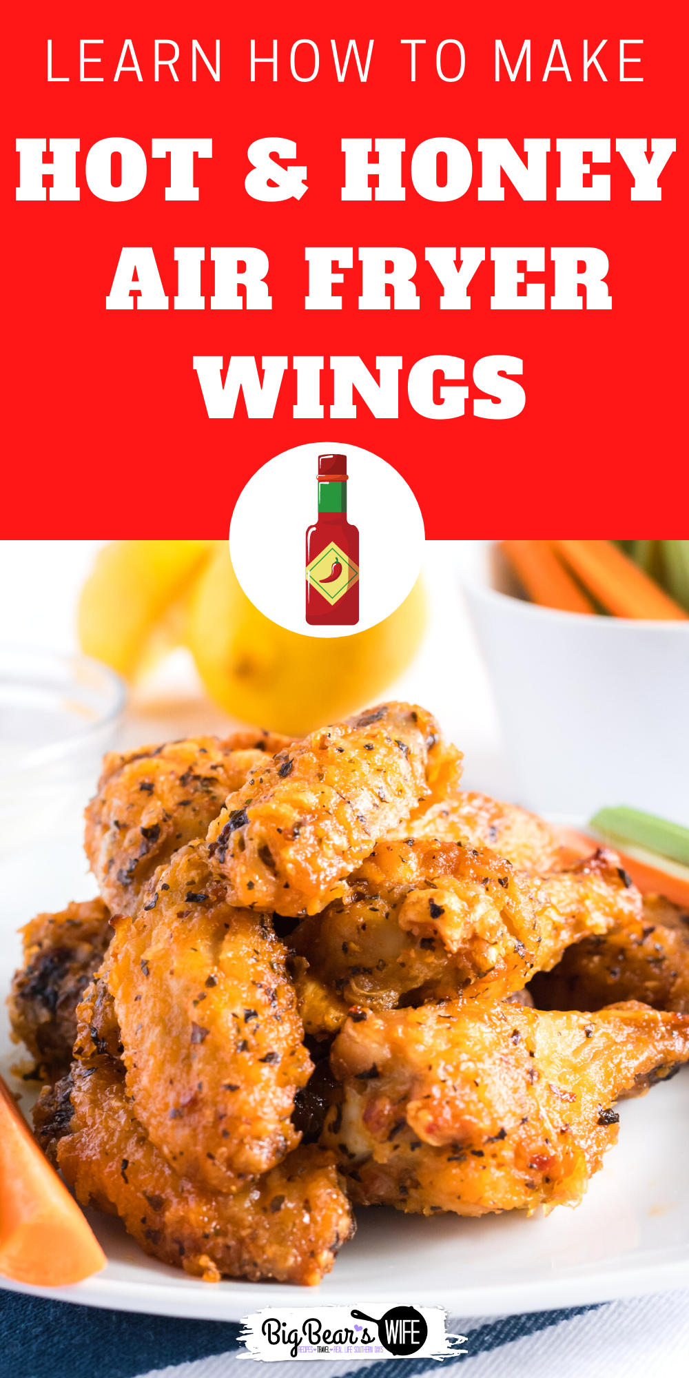 Chicken wings and air fryers are the perfect combination! These Hot Honey Air Fryer Wings cook up in about 30 minutes and are coated in a homemade hot honey sauce! Perfect for lunch, dinner or as an appetizer for game day! via @bigbearswife