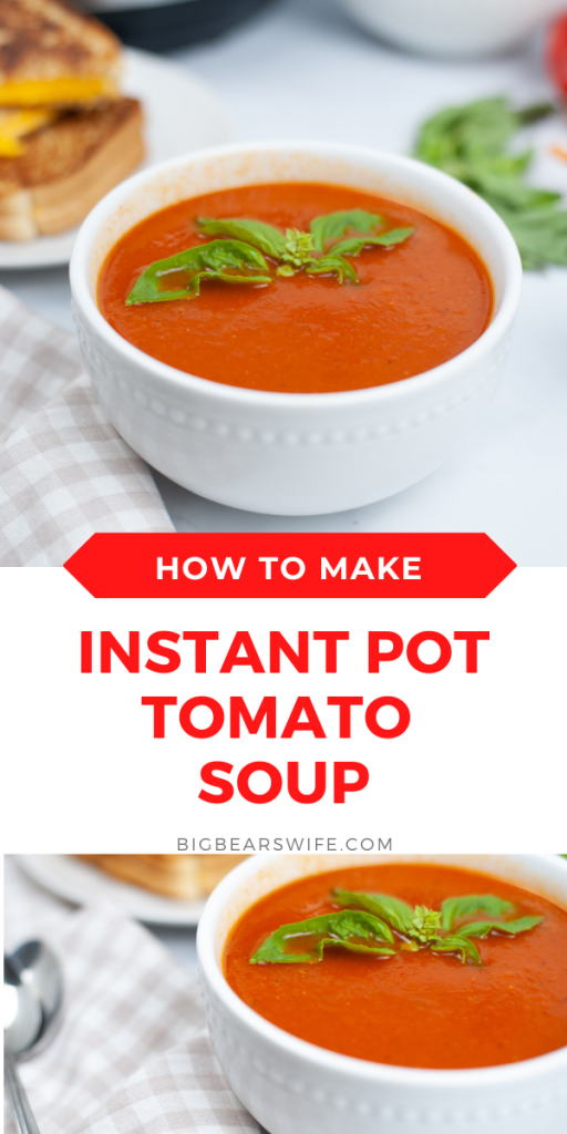 This Instant Pot Tomato Soup recipe is a great soup to make in the Instant Pot and only takes about 45 minutes to come together for a great lunch or dinner! Perfect to serve with grilled cheese sandwiches! 