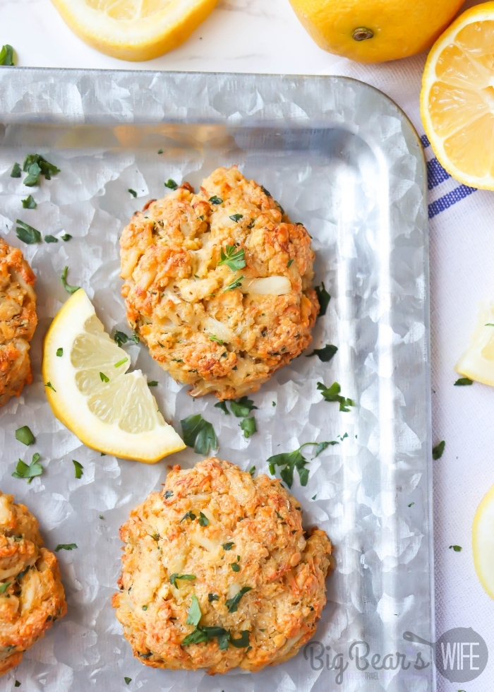 Overhead shot of Crab Cakes on a baking pan (1)